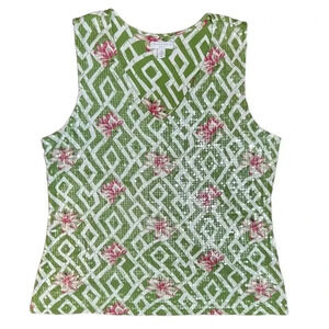CHARTER CLUB Green Bamboo Pink Flower Sleeveless V-neck Top Sequins Tropical S
